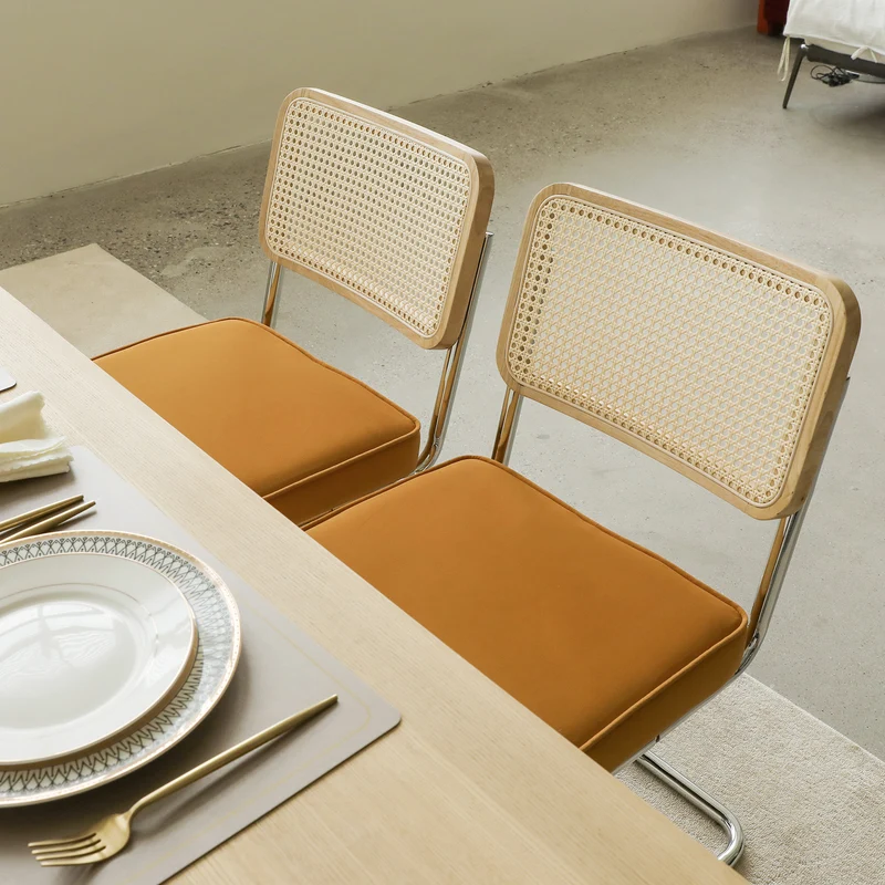 Lot de 2 chaises de salle à manger Breuer en velours orange et dossier en rotin, pieds chromés FLARELYNX