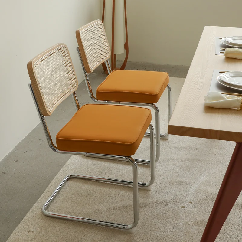 Lot de 2 chaises de salle à manger Breuer en velours orange et dossier en rotin, pieds chromés FLARELYNX