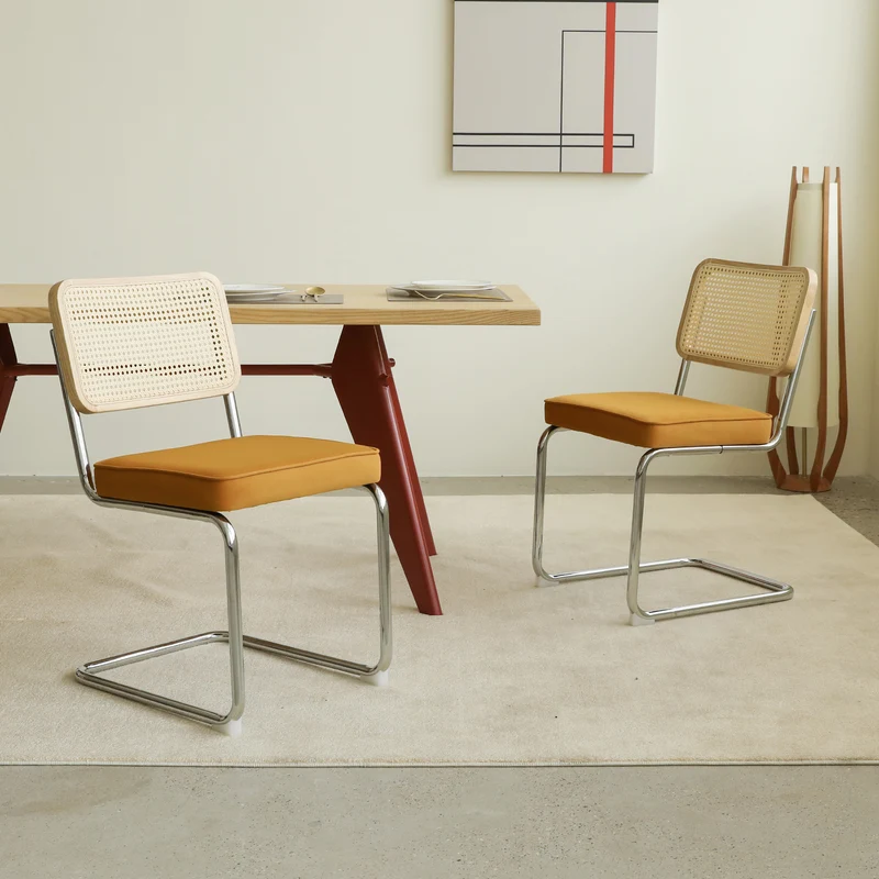 Lot de 2 chaises de salle à manger Breuer en velours orange et dossier en rotin, pieds chromés FLARELYNX
