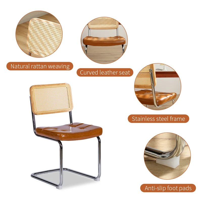 Lot de 2 chaises de salle à manger Breuer en PU caramel et dossier en rotin, pieds chromés FLAREKORR