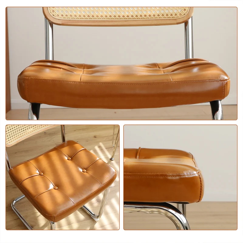 Lot de 2 chaises de salle à manger Breuer en PU caramel et dossier en rotin, pieds chromés FLAREKORR