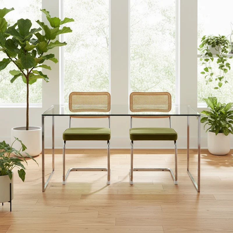 Lot de 2 chaises de salle à manger Breuer en velours vert olive et dossier en rotin, pieds chromés FLAREZYR