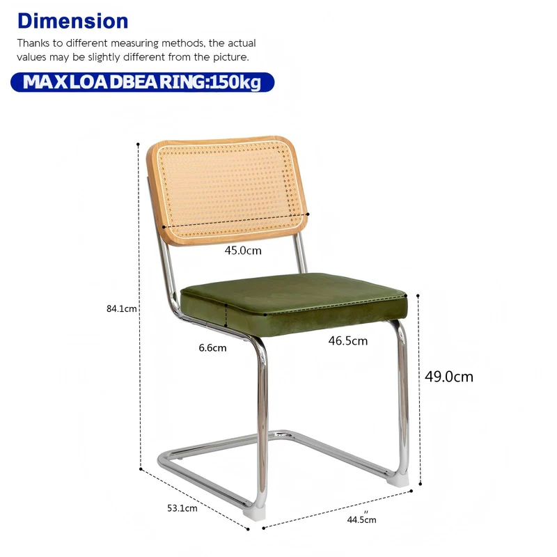Lot de 2 chaises de salle à manger Breuer en velours vert olive et dossier en rotin, pieds chromés FLAREZYR