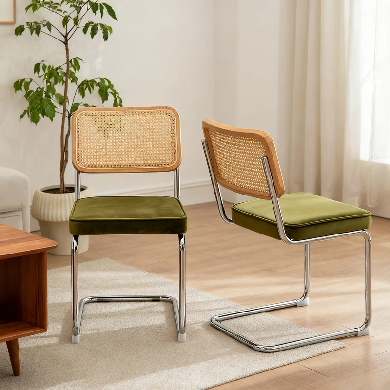 Lot de 2 chaises de salle à manger Breuer en velours vert olive et dossier en rotin, pieds chromés FLAREZYR