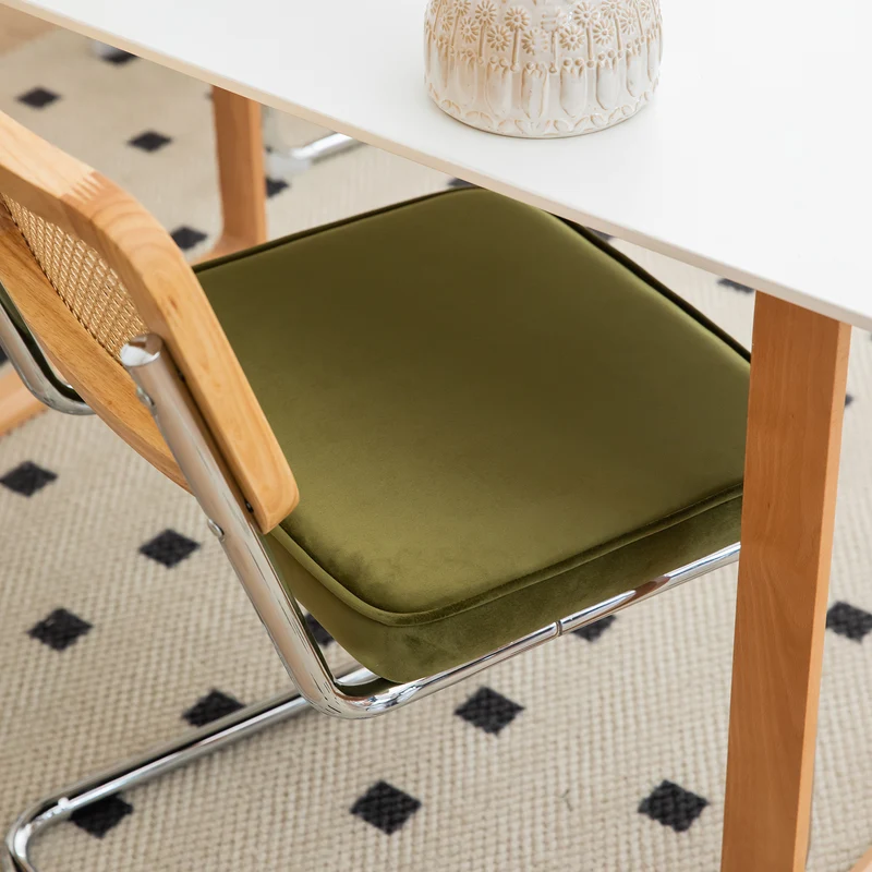 Lot de 2 chaises de salle à manger Breuer en velours vert olive et dossier en rotin, pieds chromés FLAREZYR