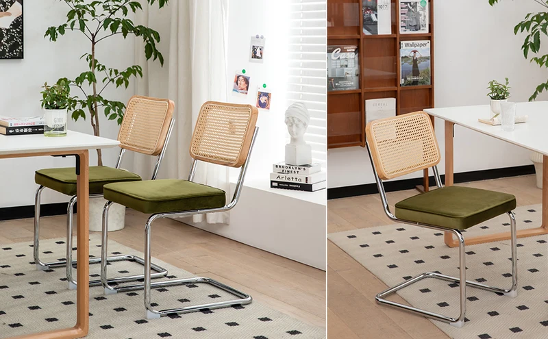 Lot de 2 chaises de salle à manger Breuer en velours vert olive et dossier en rotin, pieds chromés FLAREZYR