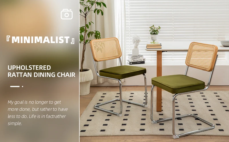 Lot de 2 chaises de salle à manger Breuer en velours vert olive et dossier en rotin, pieds chromés FLAREZYR