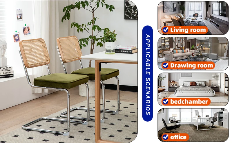 Lot de 2 chaises de salle à manger Breuer en velours vert olive et dossier en rotin, pieds chromés FLAREZYR
