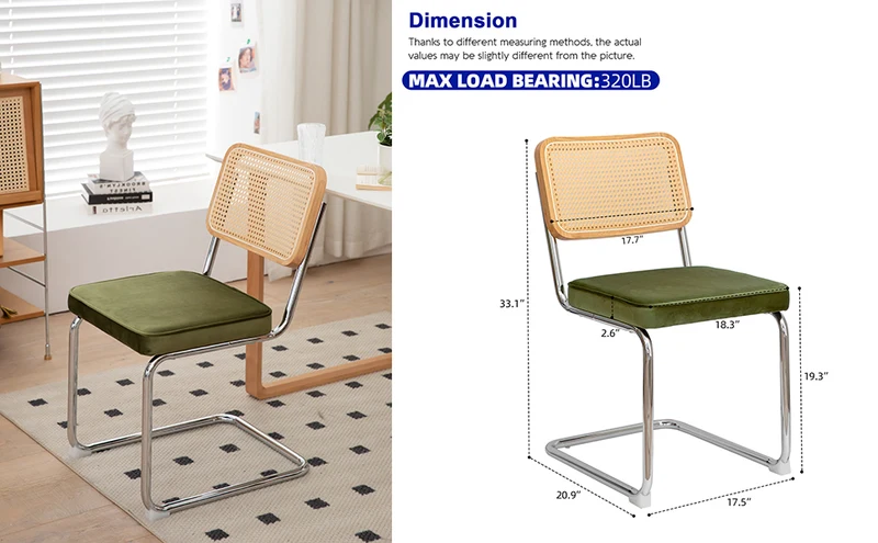 Lot de 2 chaises de salle à manger Breuer en velours vert olive et dossier en rotin, pieds chromés FLAREZYR