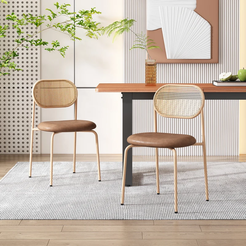 Lot de 2 chaises de salle à manger PU beige en rotin pieds en métal VERTEXIX