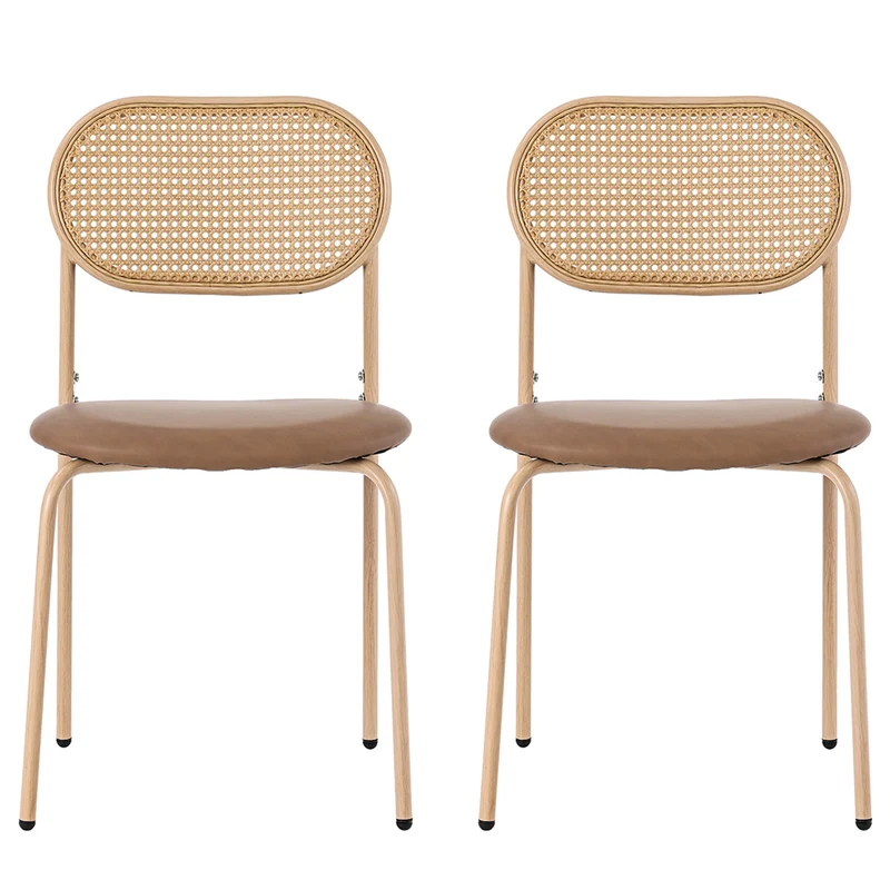 Lot de 2 chaises de salle à manger PU beige en rotin pieds en métal VERTEXIX
