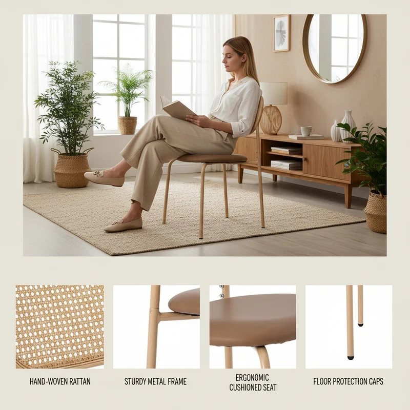 Lot de 2 chaises de salle à manger PU beige en rotin pieds en métal VERTEXIX