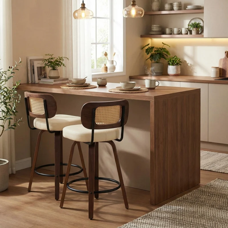 Lot de 2 tabourets PU beige et noyer, dossier en cannage rotin, pivotants, hauteur comptoir 26" PINNACLEIS