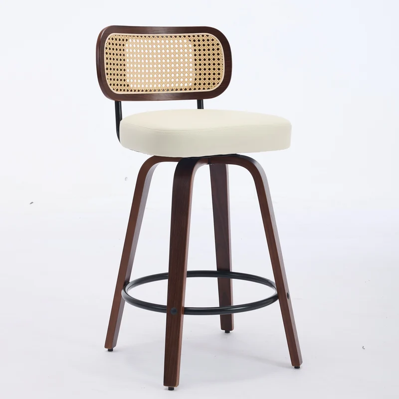 Lot de 2 tabourets PU beige et noyer, dossier en cannage rotin, pivotants, hauteur comptoir 26" PINNACLEIS