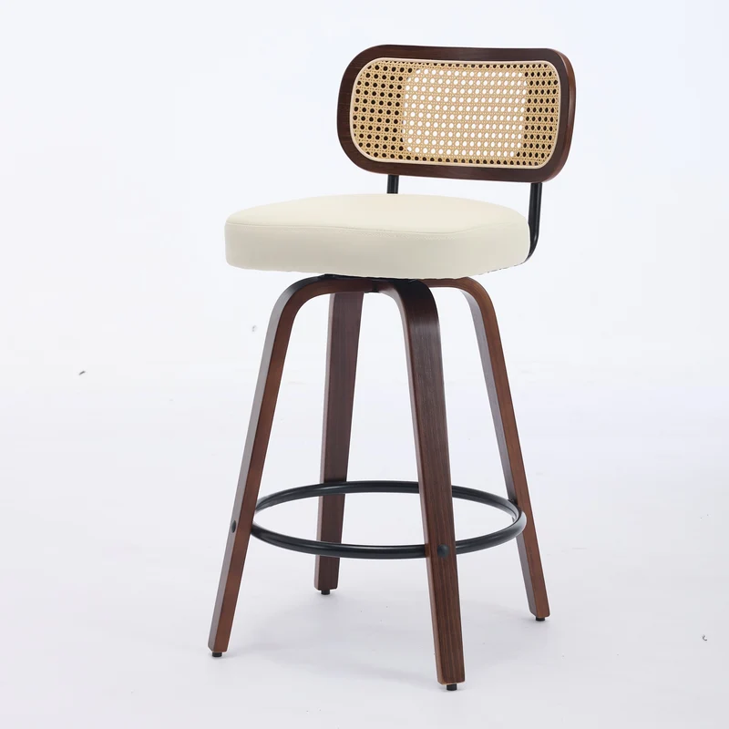 Lot de 2 tabourets PU beige et noyer, dossier en cannage rotin, pivotants, hauteur comptoir 26" PINNACLEIS