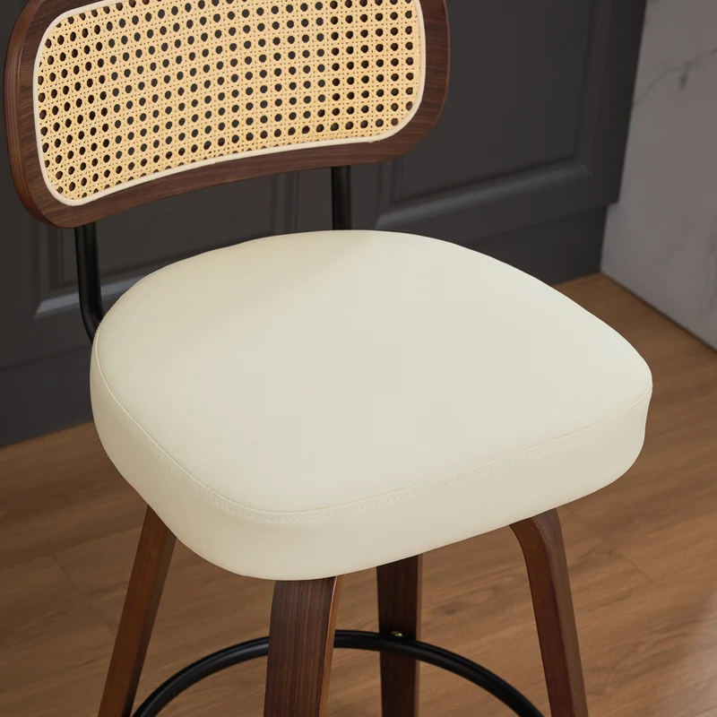 Lot de 2 tabourets PU beige et noyer, dossier en cannage rotin, pivotants, hauteur comptoir 26" PINNACLEIS