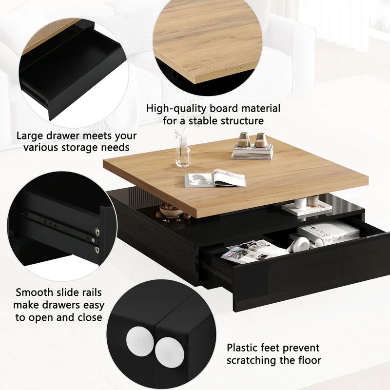 Table basse carrée effet bois et noir pivotante 360° 2 niveaux, design moderne 70x70cm AFTERFEATHER