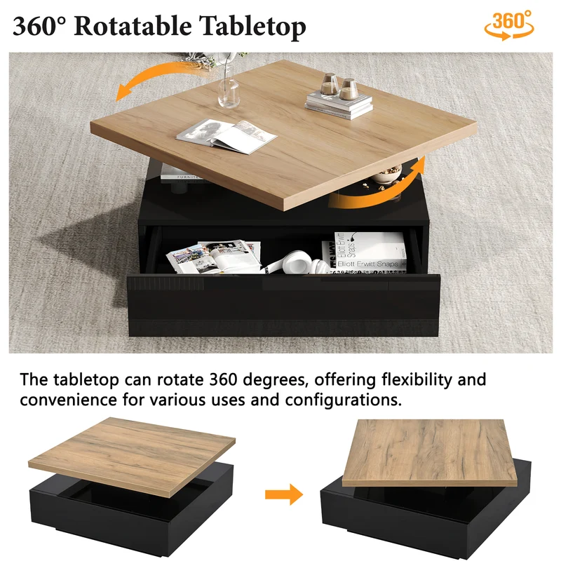 Table basse carrée effet bois et noir pivotante 360° 2 niveaux, design moderne 70x70cm AFTERFEATHER