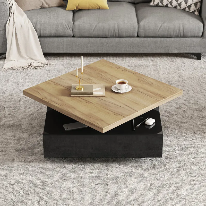 Table basse carrée effet bois et noir pivotante 360° 2 niveaux, design moderne 70x70cm AFTERFEATHER