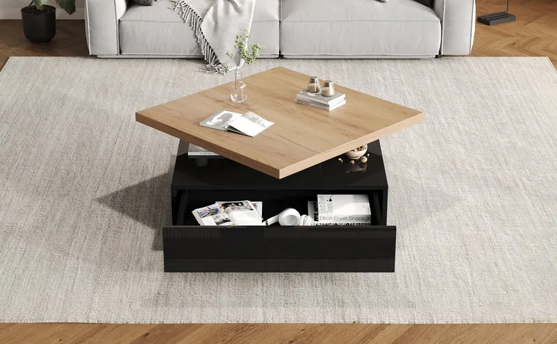 Table basse carrée effet bois et noir pivotante 360° 2 niveaux, design moderne 70x70cm AFTERFEATHER