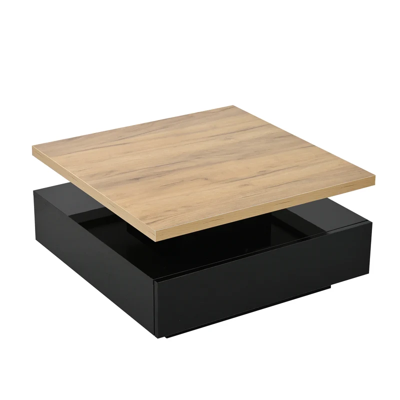 Table basse carrée effet bois et noir pivotante 360° 2 niveaux, design moderne 70x70cm AFTERFEATHER
