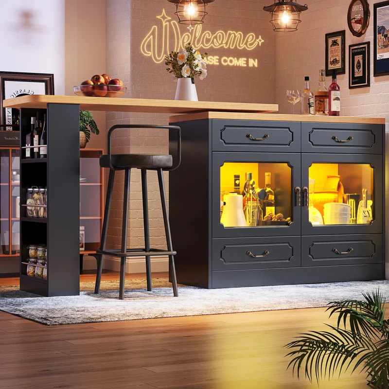 Table de bar extensible rotatif 360° avec LED 135-203*39*92.8cm RIFTZORATHYN