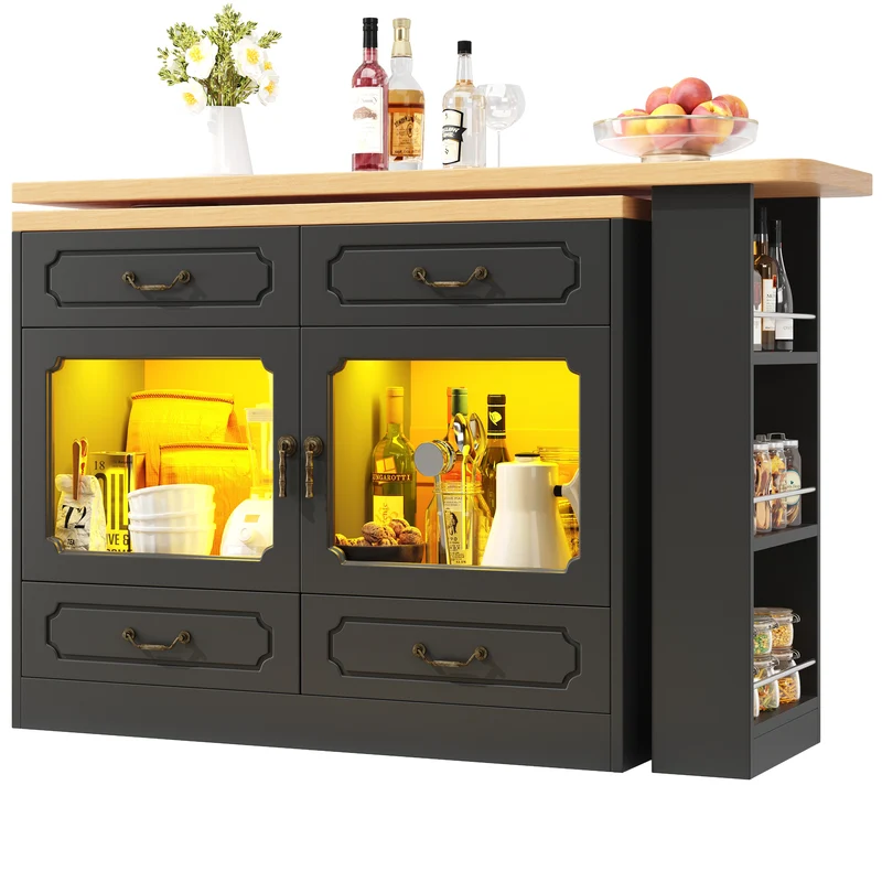 Table de bar extensible rotatif 360° avec LED 135-203*39*92.8cm RIFTZORATHYN