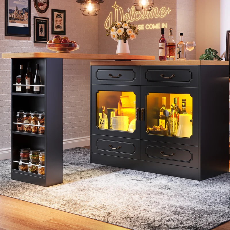 Table de bar extensible rotatif 360° avec LED 135-203*39*92.8cm RIFTZORATHYN