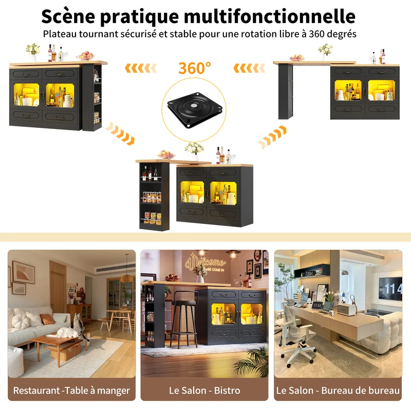 Table de bar extensible rotatif 360° avec LED 135-203*39*92.8cm RIFTZORATHYN