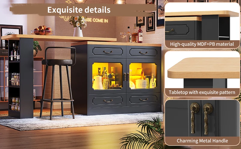Table de bar extensible rotatif 360° avec LED 135-203*39*92.8cm RIFTZORATHYN