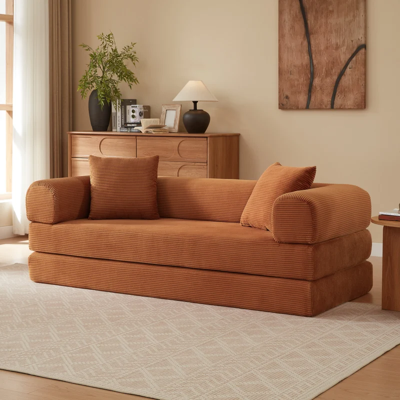 Canapé 3 places modulable sans armature, convertible en lit, velours terracotta, style tatami 195x89x59cm MERIDIANZYN