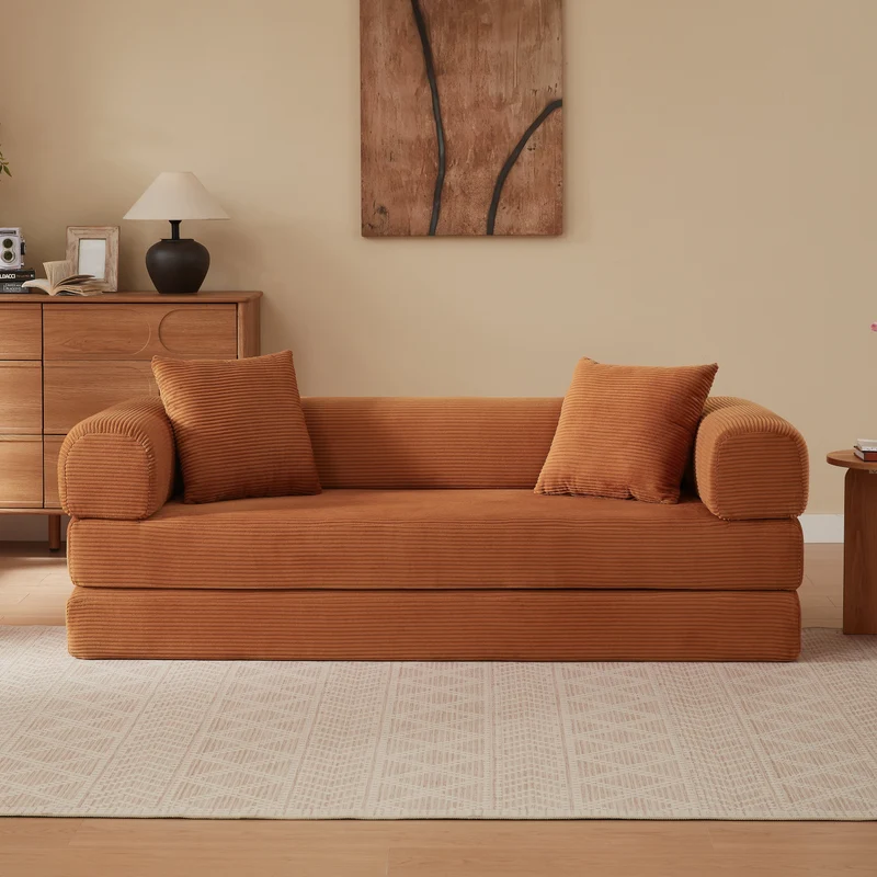 Canapé 3 places modulable sans armature, convertible en lit, velours terracotta, style tatami 195x89x59cm MERIDIANZYN