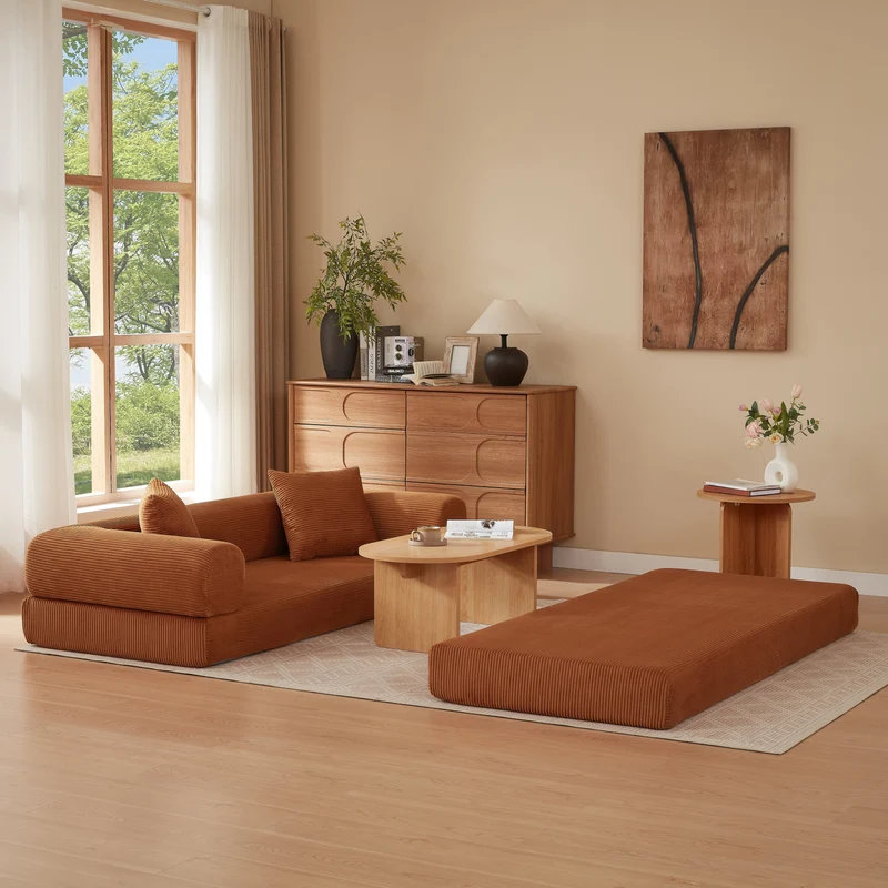Canapé 3 places modulable sans armature, convertible en lit, velours terracotta, style tatami 195x89x59cm MERIDIANZYN