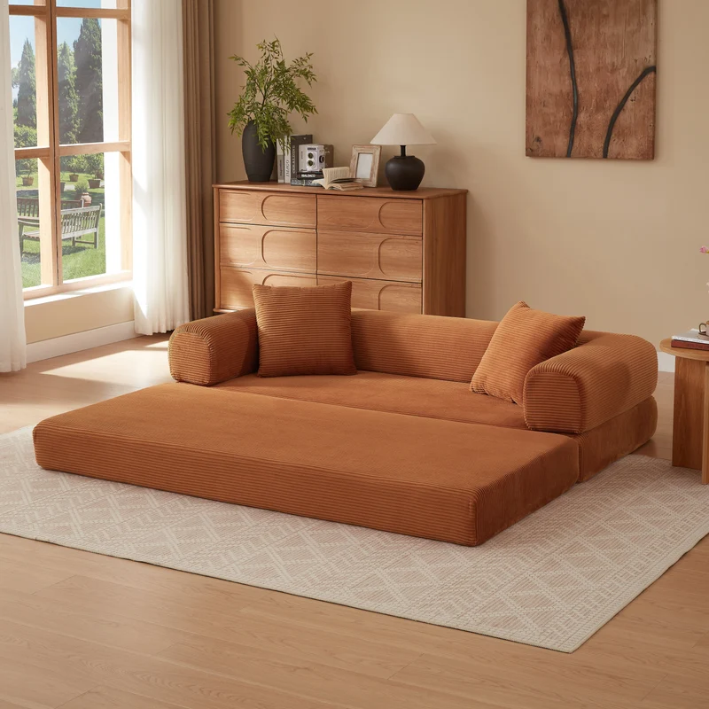 Canapé 3 places modulable sans armature, convertible en lit, velours terracotta, style tatami 195x89x59cm MERIDIANZYN