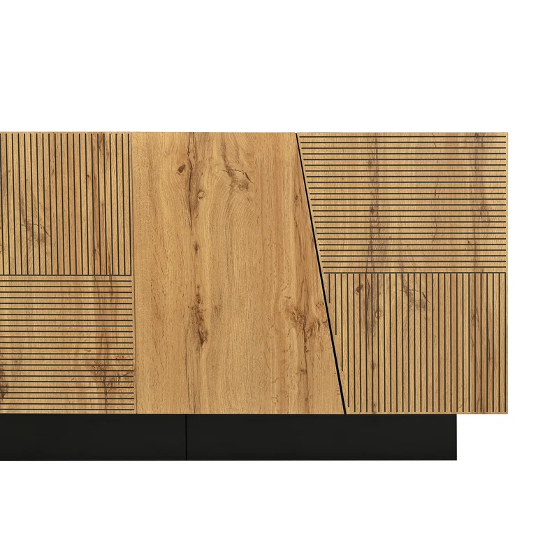 Buffet effet bois naturel aux motifs linéaires géométrique et noir 160 cm PROMINENCER
