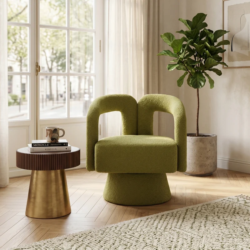 Fauteuil rond pivotant 360° en bouclette vert olive, design moderne 67x55x74cm FABRIC DIVIDER