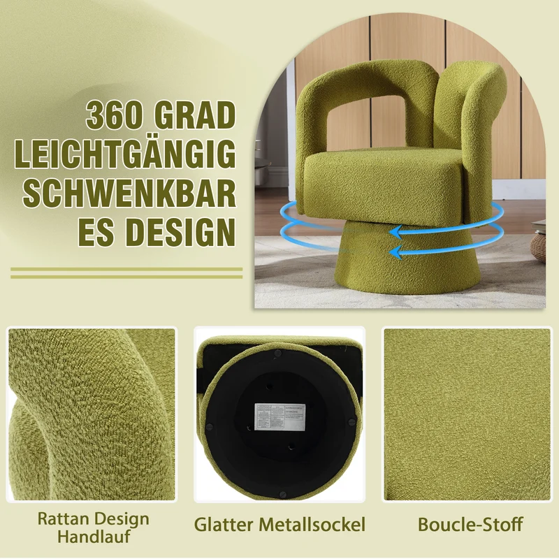Fauteuil rond pivotant 360° en bouclette vert olive, design moderne 67x55x74cm FABRIC DIVIDER
