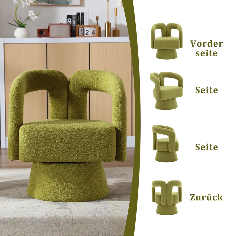 Fauteuil rond pivotant 360° en bouclette vert olive, design moderne 67x55x74cm FABRIC DIVIDER