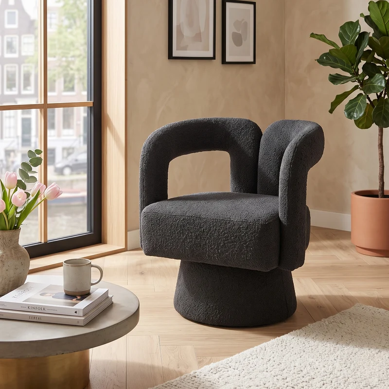 Fauteuil rond pivotant 360° en bouclette gris, design moderne 67x55x74cm FABRIC MIRROR