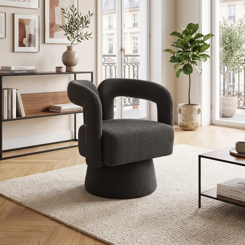 Fauteuil rond pivotant 360° en bouclette gris, design moderne 67x55x74cm FABRIC MIRROR