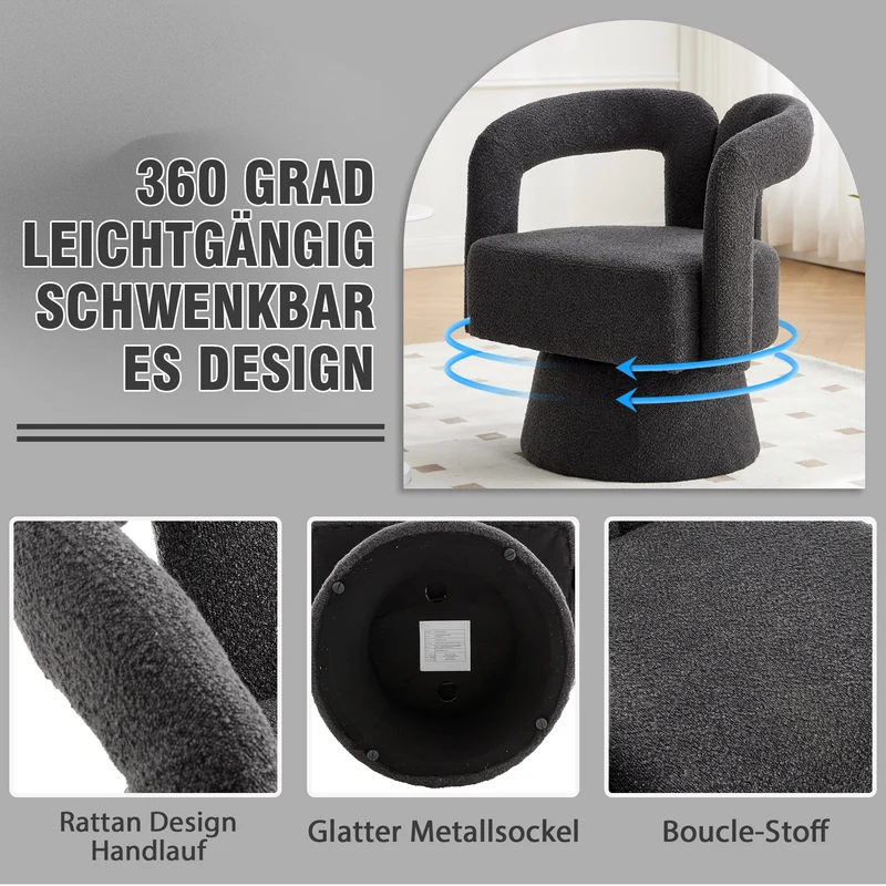 Fauteuil rond pivotant 360° en bouclette gris, design moderne 67x55x74cm FABRIC MIRROR