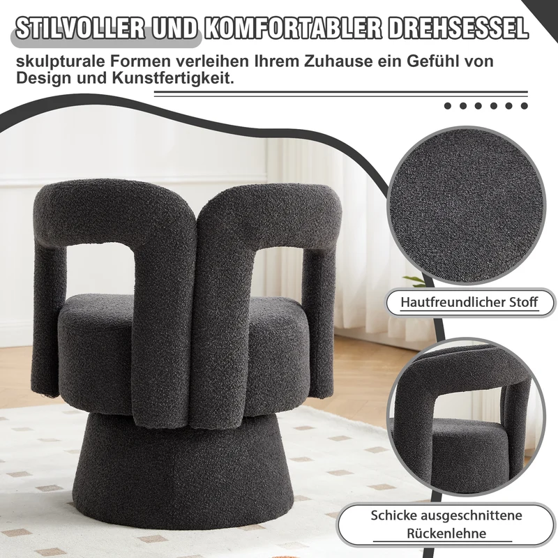 Fauteuil rond pivotant 360° en bouclette gris, design moderne 67x55x74cm FABRIC MIRROR