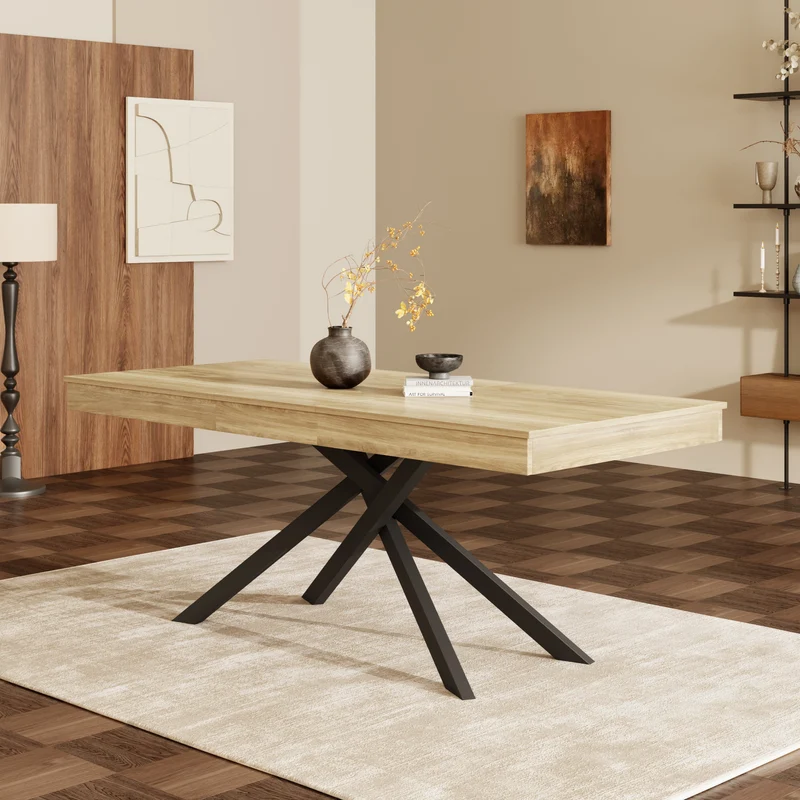 Table à manger extensible effet chêne 6-8 personnes, plateau épais, pieds croisés 140-180x80cm FLEX ELITE