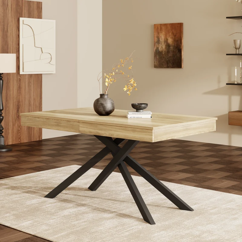 Table à manger extensible effet chêne 6-8 personnes, plateau épais, pieds croisés 140-180x80cm FLEX ELITE