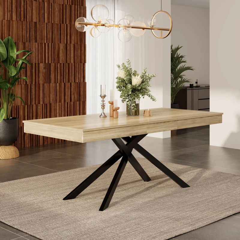 Table à manger extensible effet chêne 6-8 personnes, plateau épais, pieds croisés 140-180x80cm FLEX ELITE