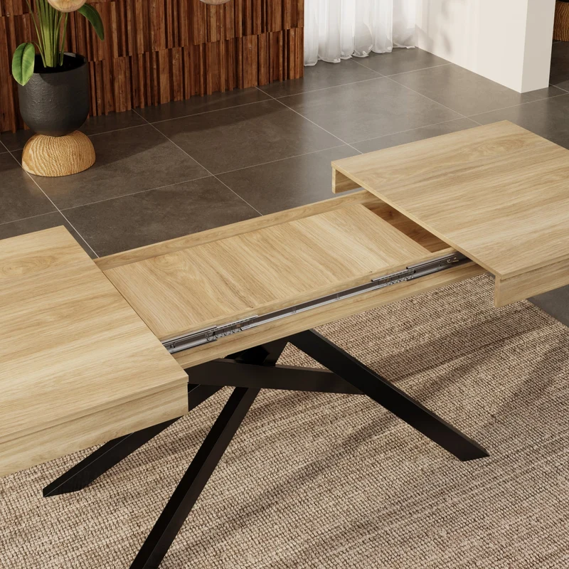 Table à manger extensible effet chêne 6-8 personnes, plateau épais, pieds croisés 140-180x80cm FLEX ELITE