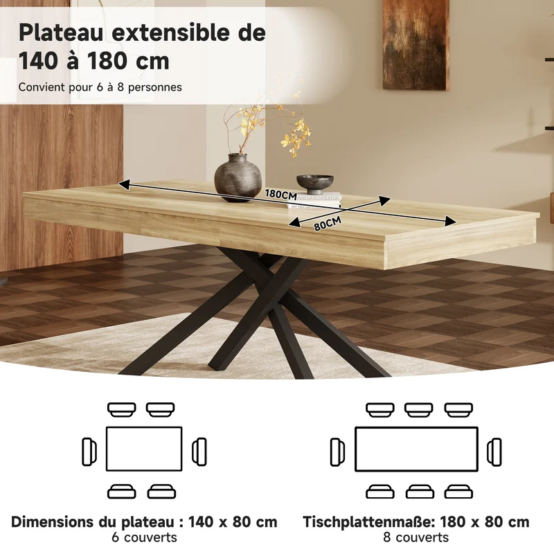 Table à manger extensible effet chêne 6-8 personnes, plateau épais, pieds croisés 140-180x80cm FLEX ELITE
