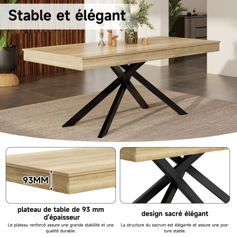Table à manger extensible effet chêne 6-8 personnes, plateau épais, pieds croisés 140-180x80cm FLEX ELITE
