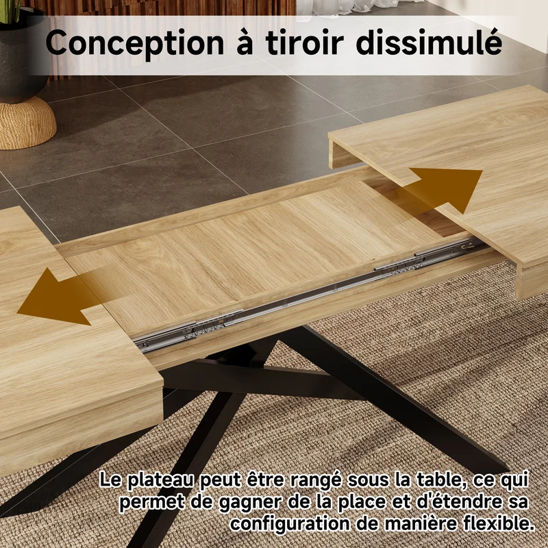 Table à manger extensible effet chêne 6-8 personnes, plateau épais, pieds croisés 140-180x80cm FLEX ELITE