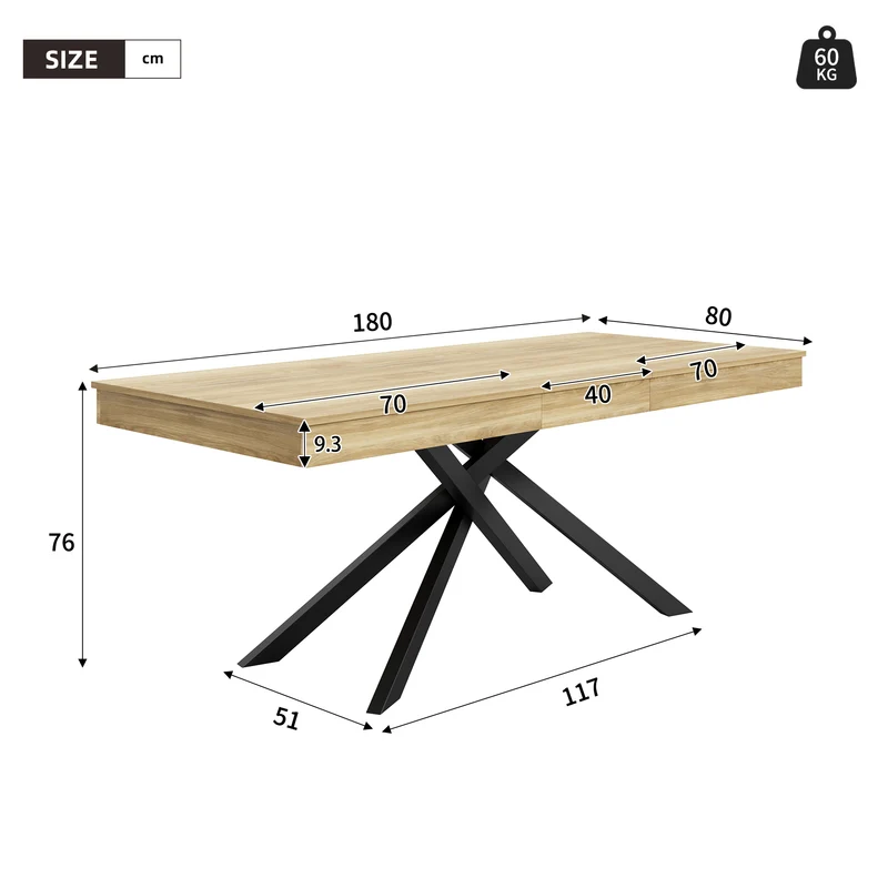 Table à manger extensible effet chêne 6-8 personnes, plateau épais, pieds croisés 140-180x80cm FLEX ELITE